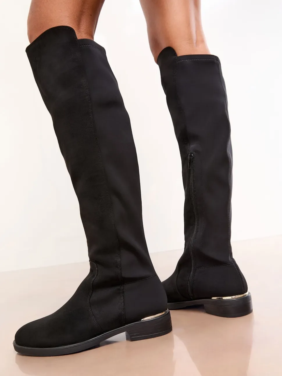 Lipsy Black Standard fit Faux Suede Elasticated Flat Knee High Casual Boots