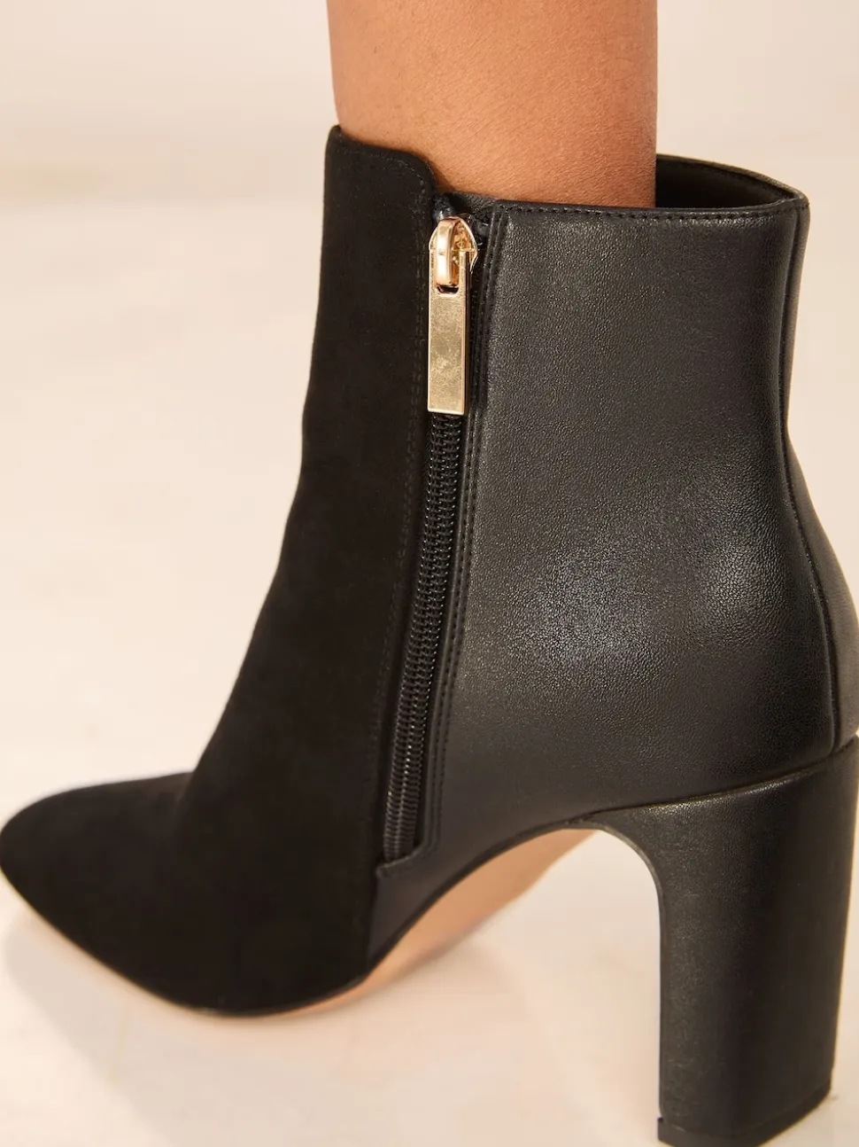Lipsy Black Standard fit Faux Leather Mixed Material Mid Block Heeled Smart Ankle Boots