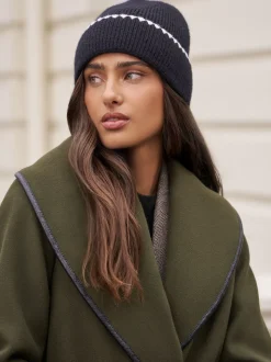 Lipsy Black Whipstitch Trim Beanie Hat