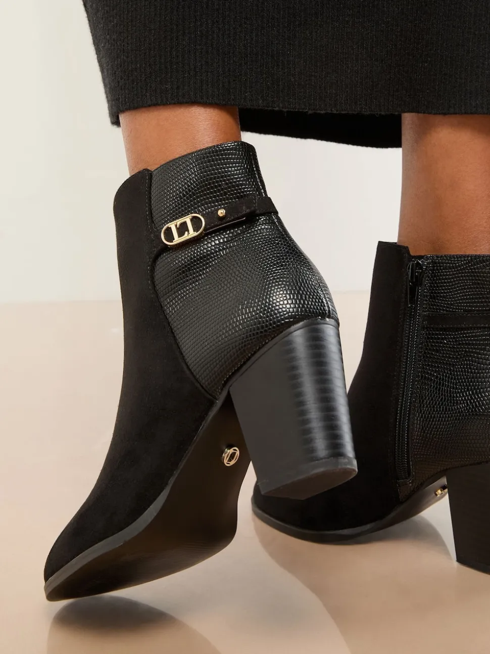 Lipsy Black Wide Fit Faux Leather Mid Heel Almond Toe Mixed Fabric Ankle Boots
