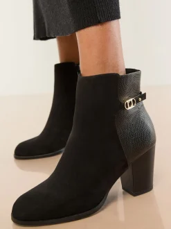 Lipsy Black Wide Fit Faux Leather Mid Heel Almond Toe Mixed Fabric Ankle Boots