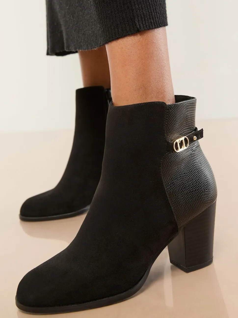 Lipsy Black Wide Fit Faux Leather Mid Heel Almond Toe Mixed Fabric Ankle Boots