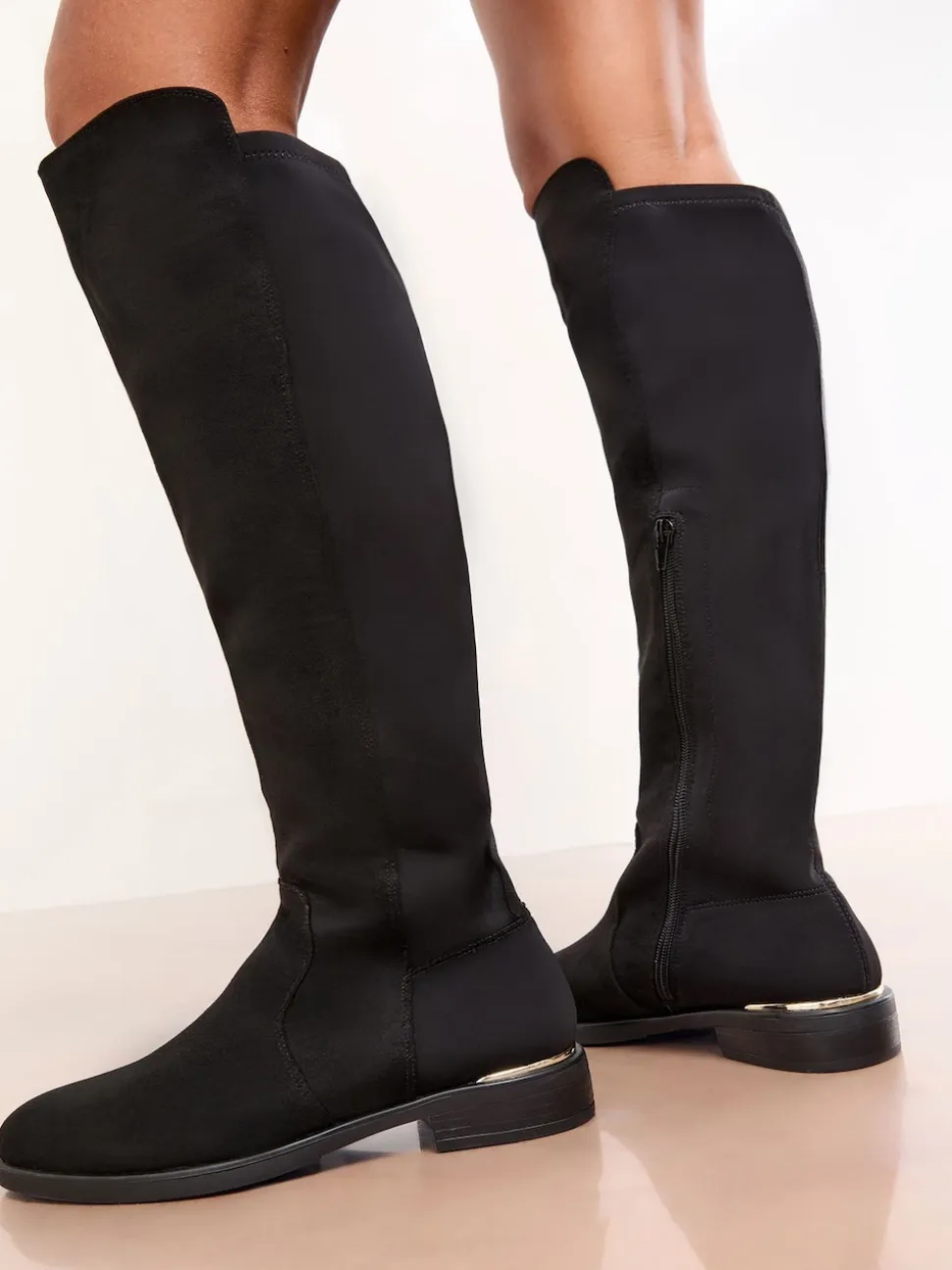 Lipsy Black Wide Fit Faux Suede Elasticated Flat Knee High Casual Boots