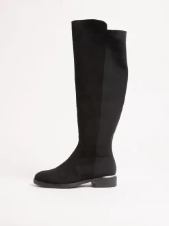 Lipsy Black Wide Fit Faux Suede Elasticated Flat Knee High Casual Boots