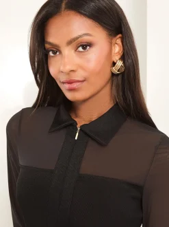 Lipsy Black Zip Front Jersey Rib Mesh Shirt