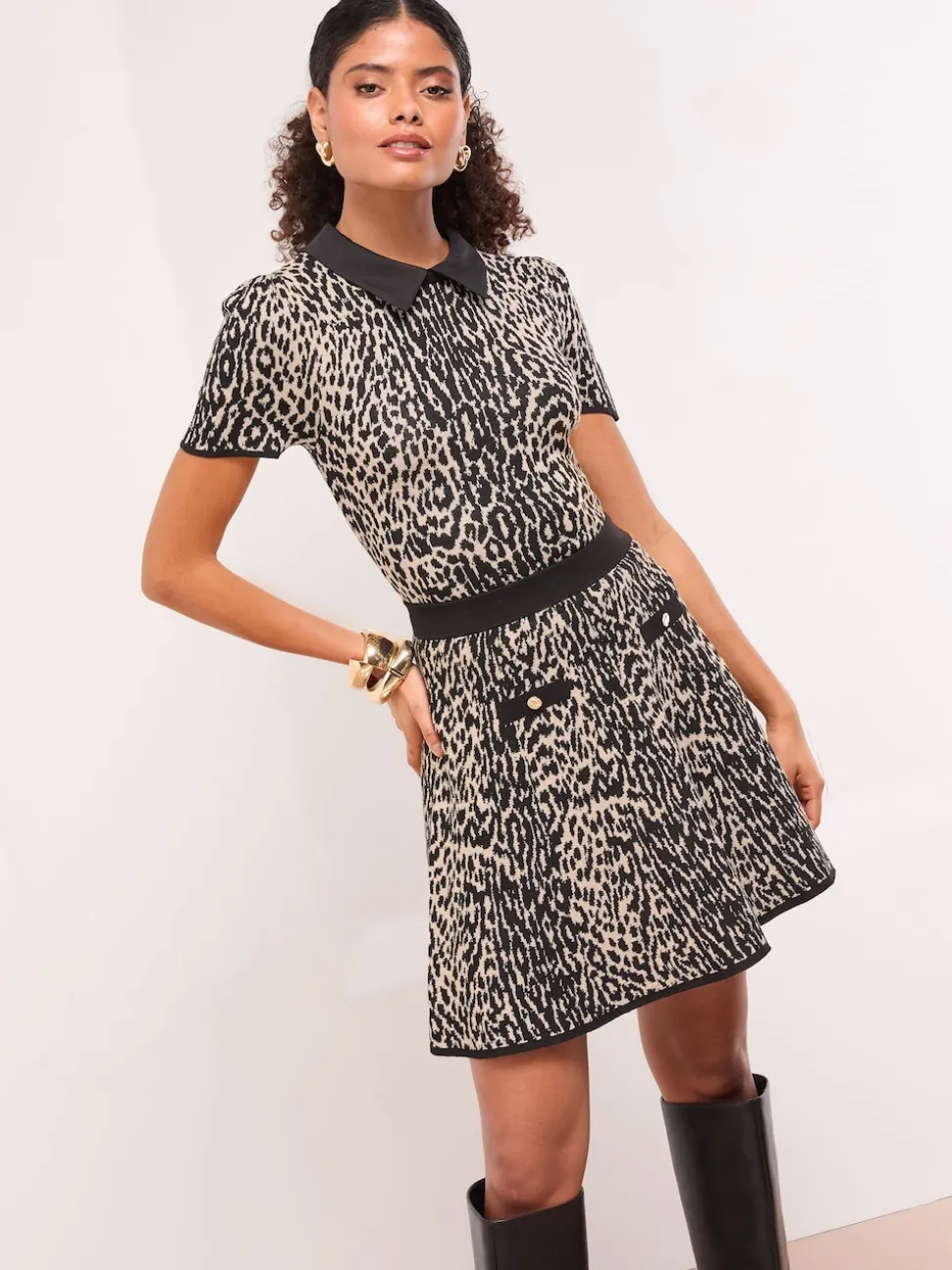 Lipsy Black/Brown Animal Leopard Print Buttoned Knitted Mini Skirt