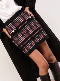 Lipsy Black/Red Checked Boucle Trim Detail Knitted Mini Skirt
