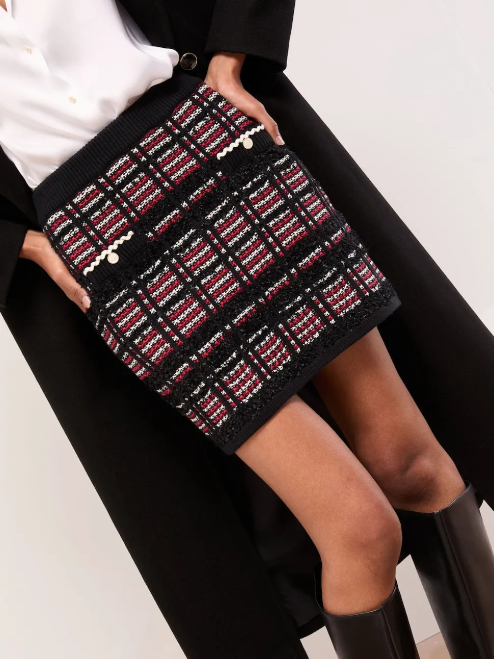 Lipsy Black/Red Checked Boucle Trim Detail Knitted Mini Skirt