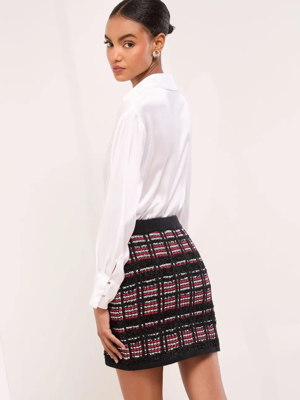 Lipsy Black/Red Checked Boucle Trim Detail Knitted Mini Skirt