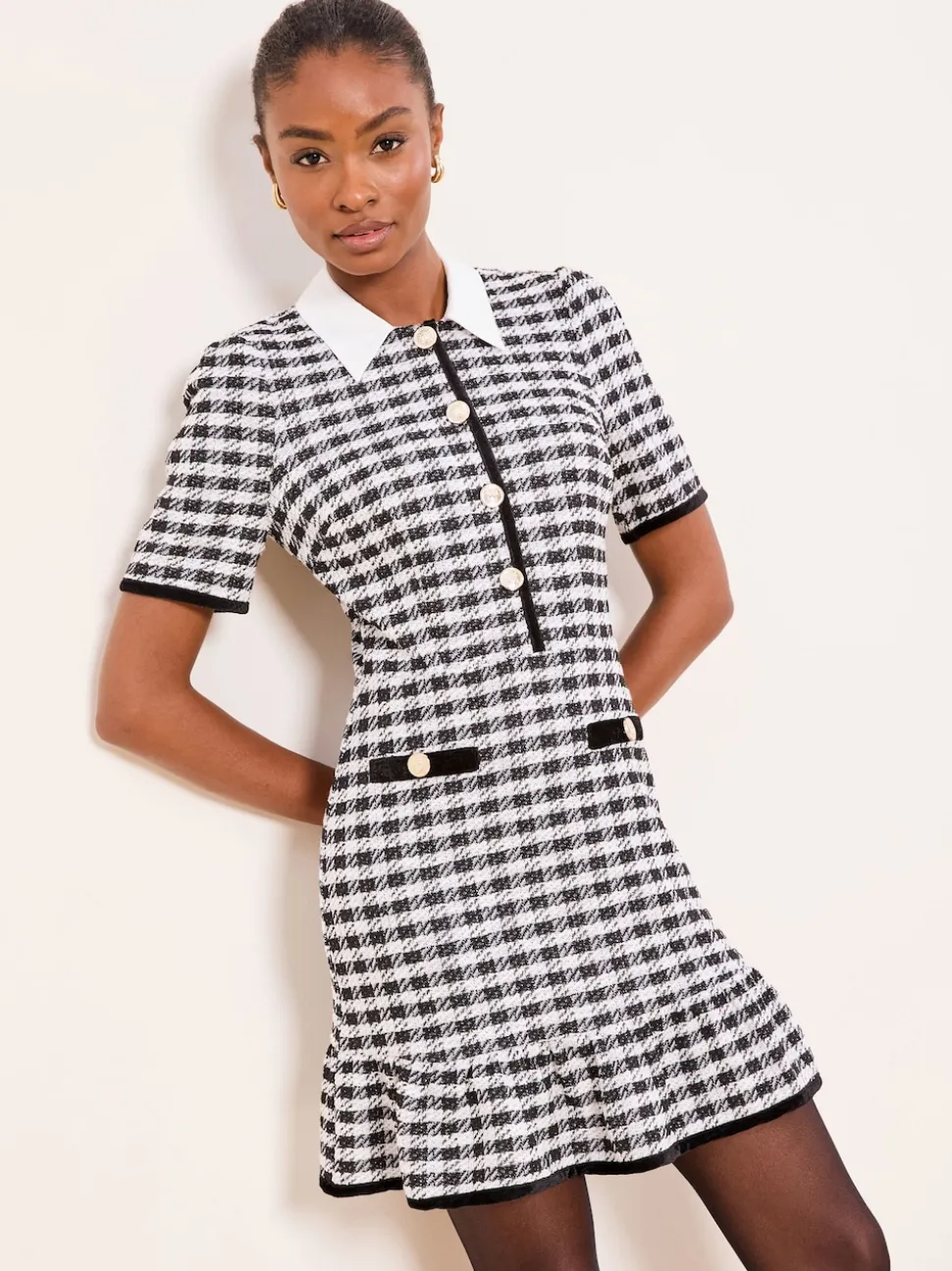 Lipsy Black/White Collared Boucle Mini Dress