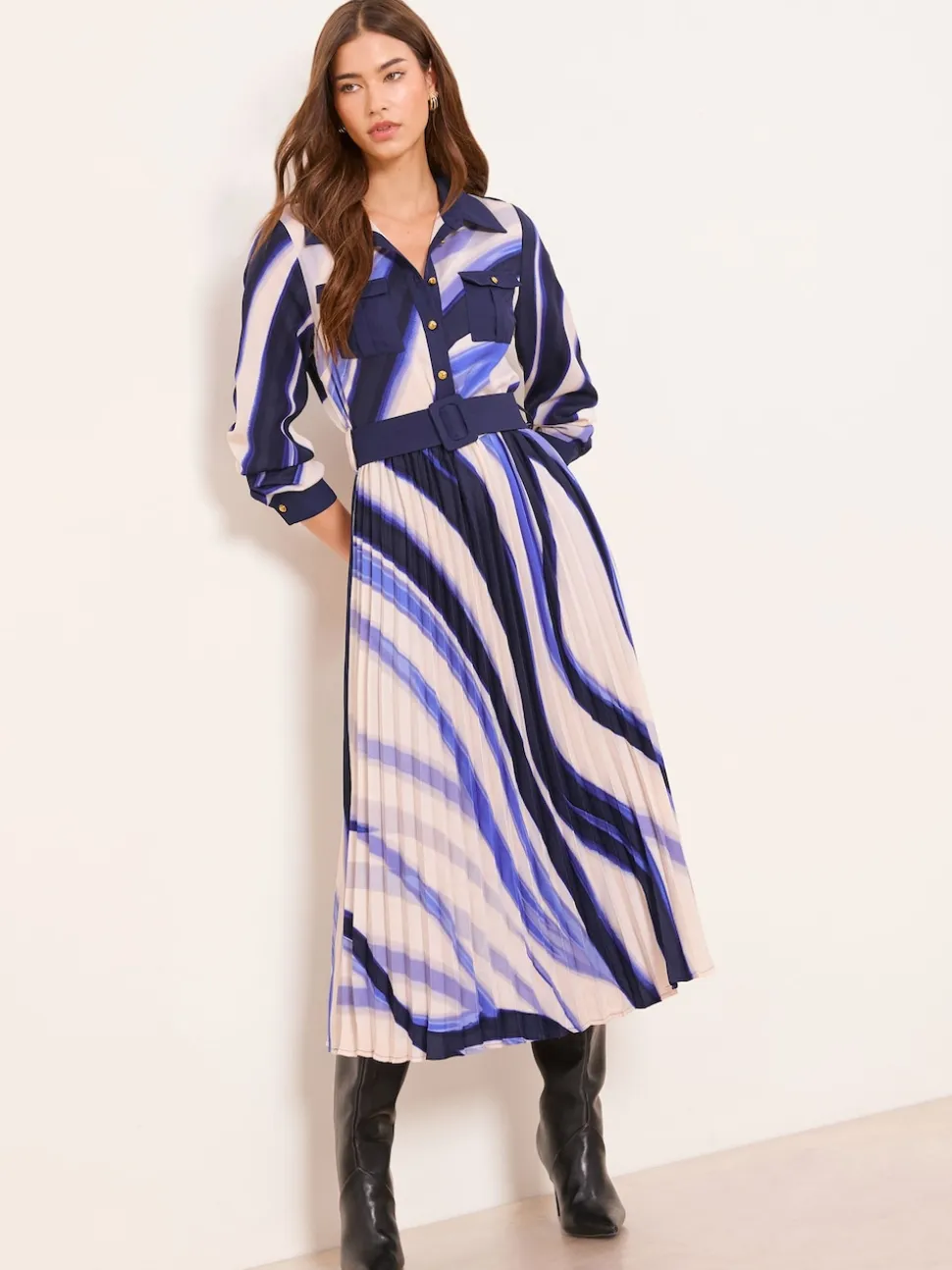 Lipsy Blue Marble Print Woven Pleated Midi Shirt Dress