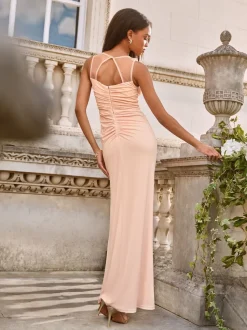 Lipsy Blush Pink Applique Mesh 3D Floral Ruched Wedding Bridesmaid Dress