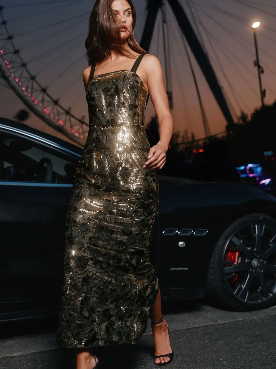 Lipsy Bronze Premium Floral Embriodered Sequin Maxi Bodycon Dress