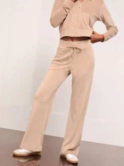 Lipsy Brown Embroidered Velour Relaxed Wide Leg Joggers