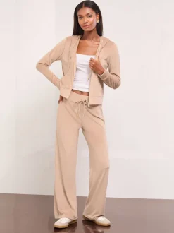 Lipsy Brown Embroidered Velour Relaxed Wide Leg Joggers