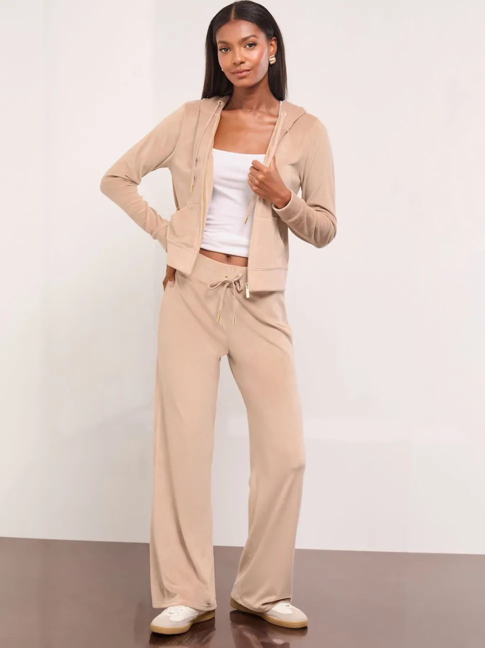 Lipsy Brown Embroidered Velour Relaxed Wide Leg Joggers