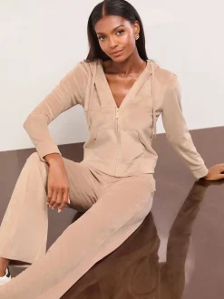 Lipsy Brown Embroidered Velour Relaxed Wide Leg Joggers