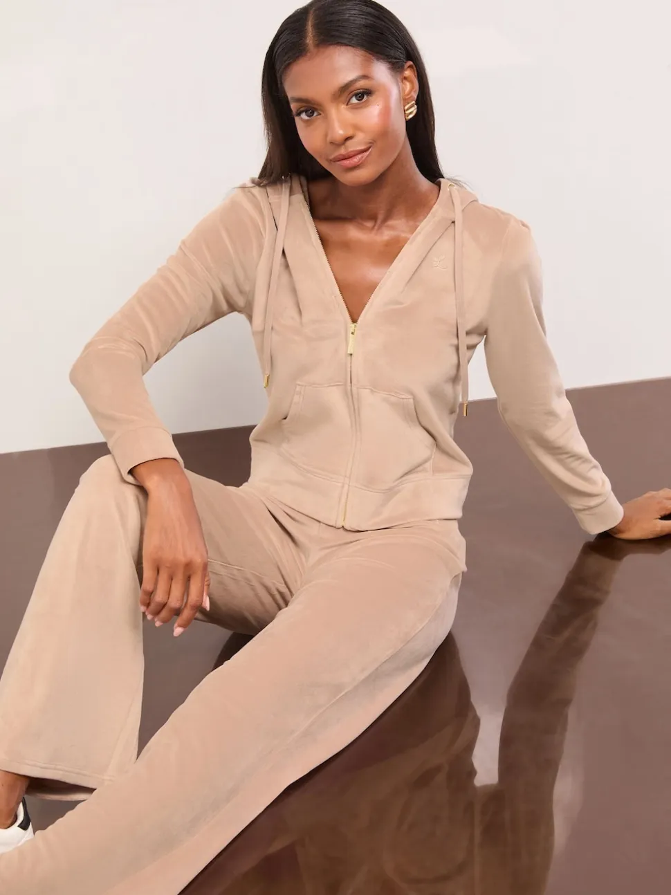 Lipsy Brown Embroidered Velour Relaxed Wide Leg Joggers