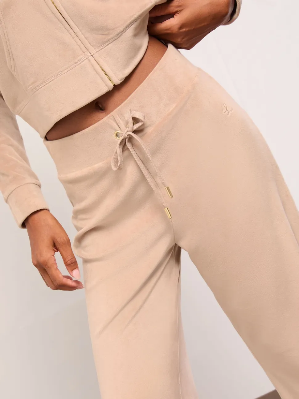 Lipsy Brown Embroidered Velour Relaxed Wide Leg Joggers
