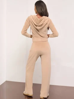 Lipsy Brown Embroidered Velour Relaxed Wide Leg Joggers