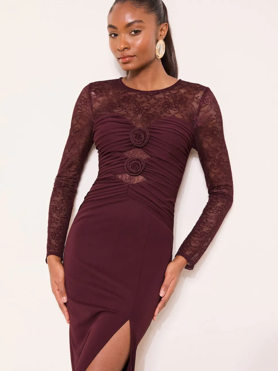 Lipsy Burgundy Red Burgundy Lace Trim Ruched Maxi Dress
