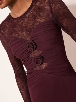 Lipsy Burgundy Red Burgundy Lace Trim Ruched Maxi Dress