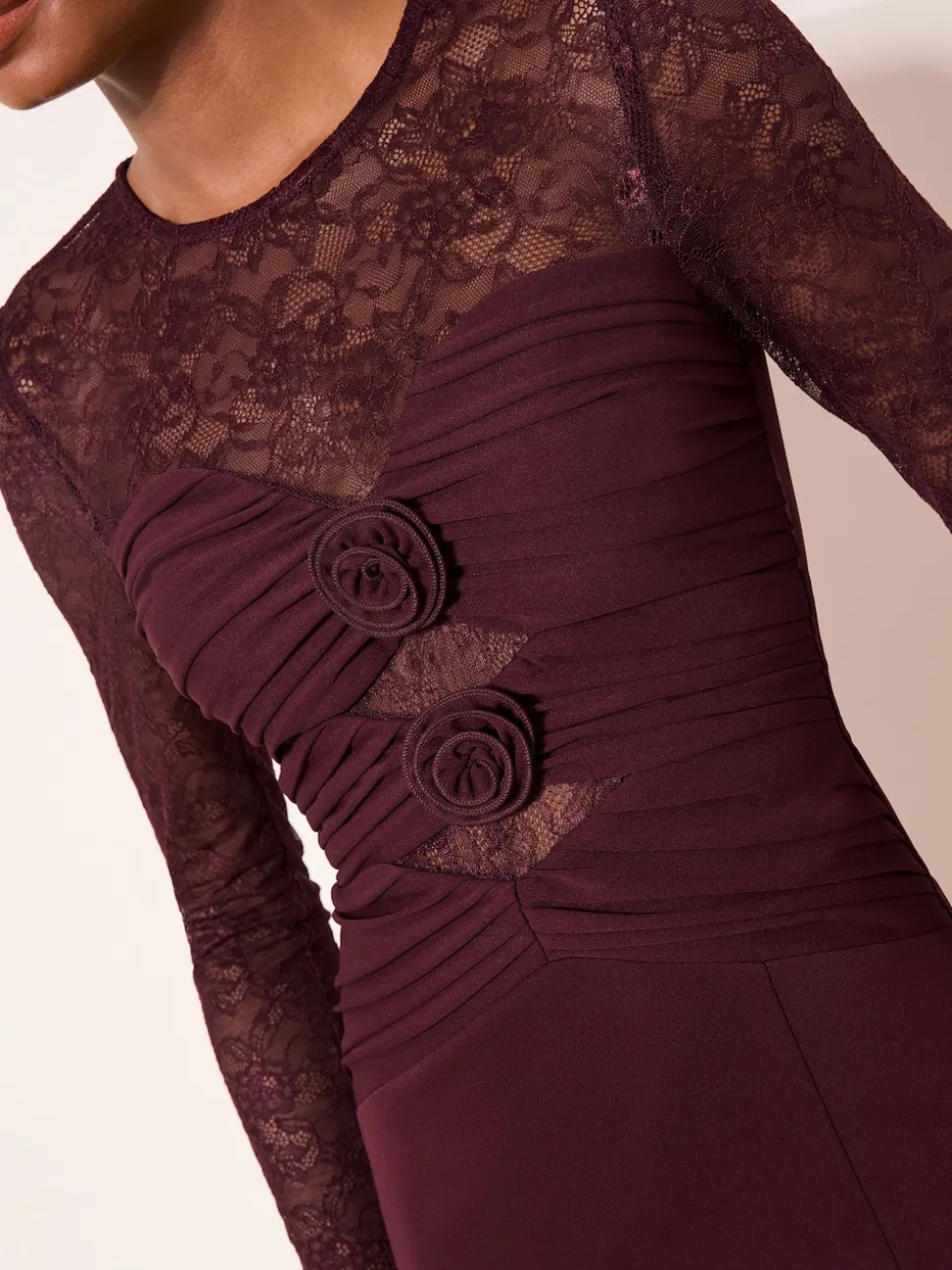 Lipsy Burgundy Red Burgundy Lace Trim Ruched Maxi Dress