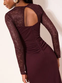 Lipsy Burgundy Red Burgundy Lace Trim Ruched Maxi Dress