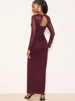 Lipsy Burgundy Red Burgundy Lace Trim Ruched Maxi Dress