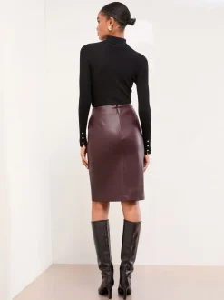 Lipsy Burgundy Red Faux Leather Side Split Midi Skirt