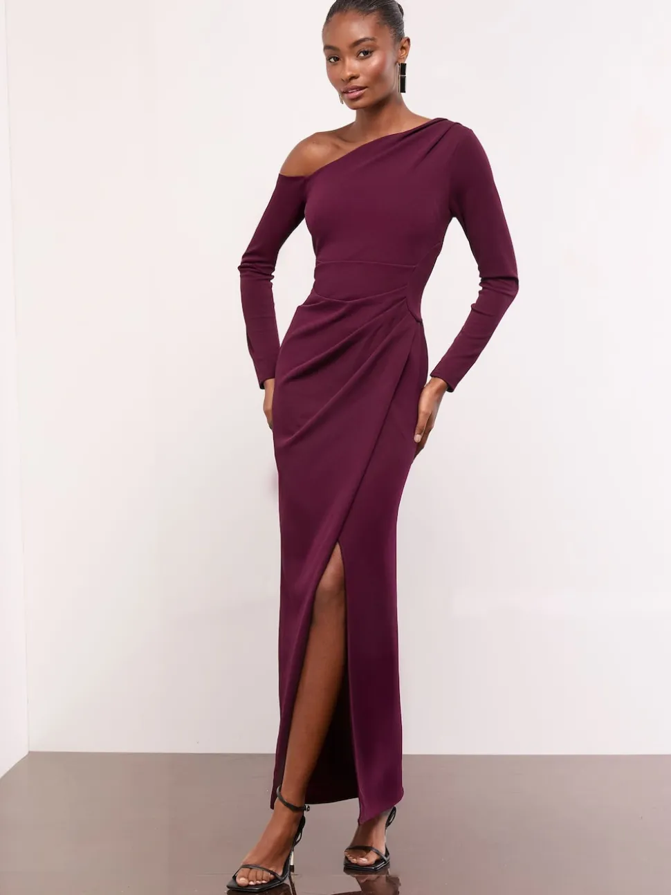 Lipsy Burgundy Red Long Sleeve Off The Shoulder Gathered Waist Maxi Dress
