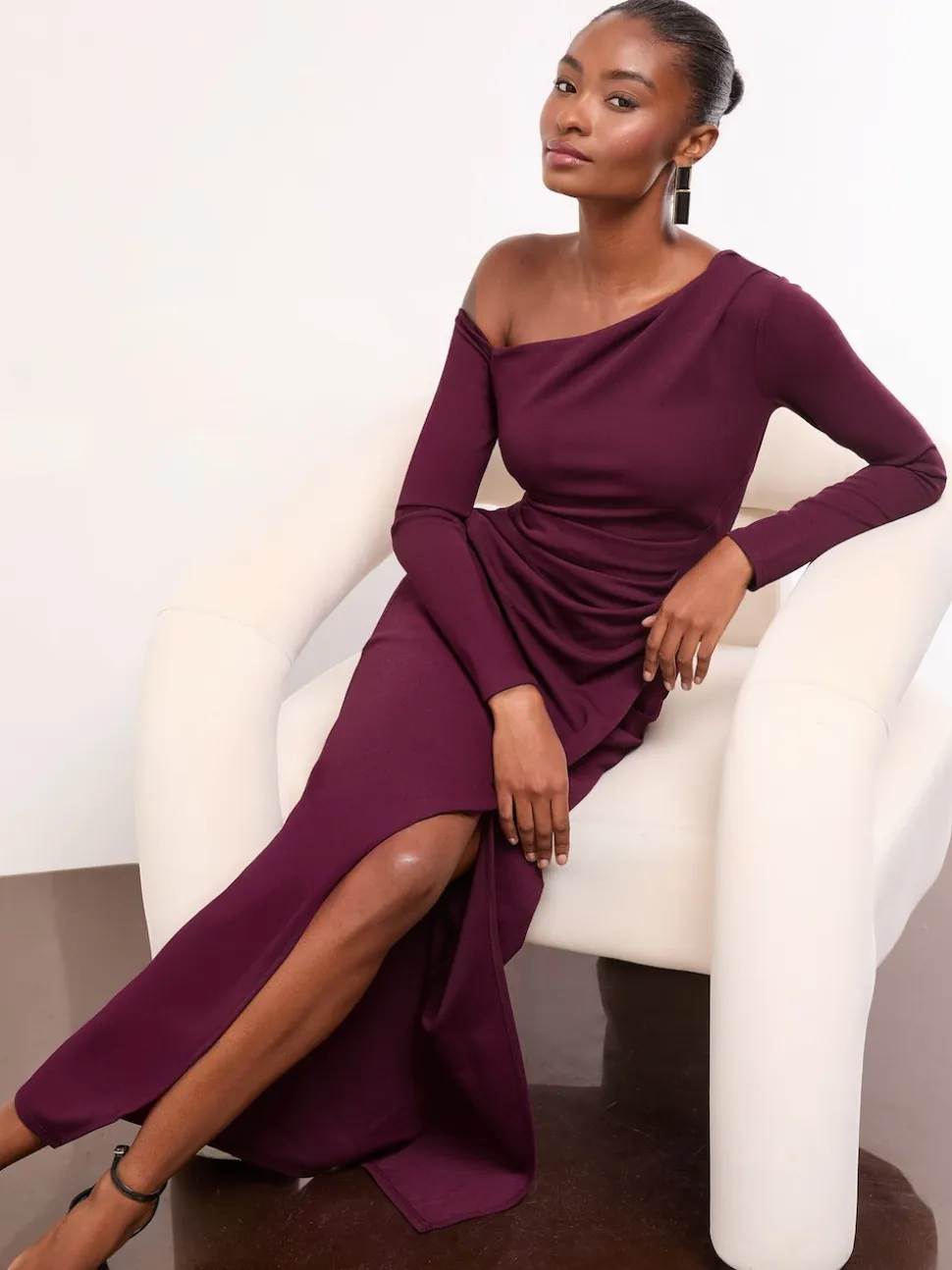 Lipsy Burgundy Red Long Sleeve Off The Shoulder Gathered Waist Maxi Dress