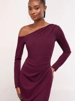 Lipsy Burgundy Red Long Sleeve Off The Shoulder Gathered Waist Maxi Dress