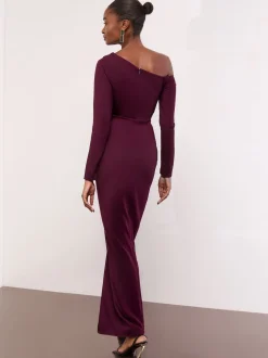 Lipsy Burgundy Red Long Sleeve Off The Shoulder Gathered Waist Maxi Dress