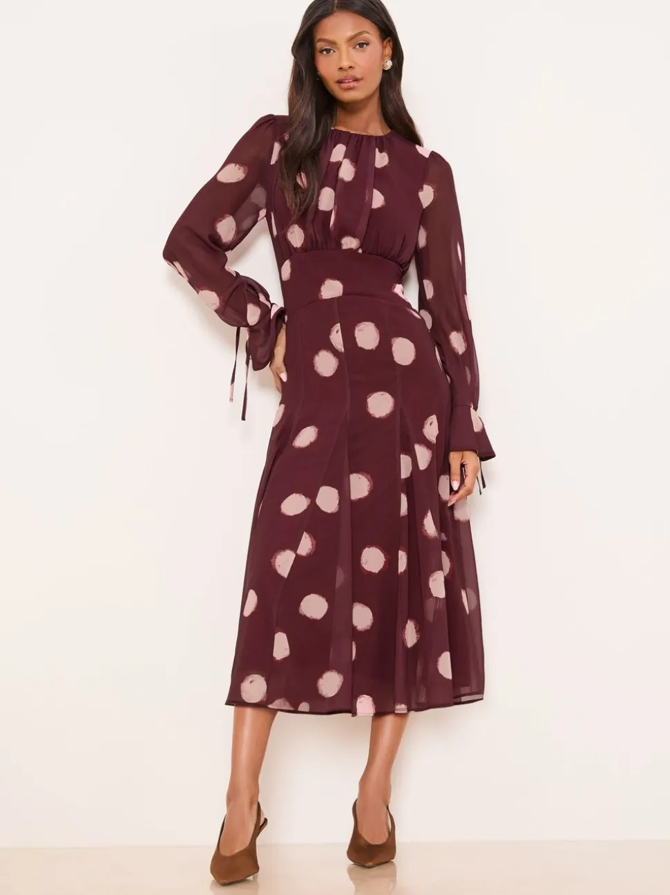 Lipsy Burgundy Red Long Sleeve Underbust Fit And Flare Midi Dress