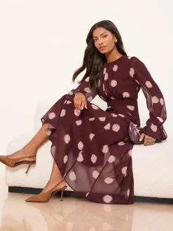 Lipsy Burgundy Red Long Sleeve Underbust Fit And Flare Midi Dress