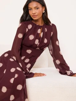 Lipsy Burgundy Red Long Sleeve Underbust Fit And Flare Midi Dress