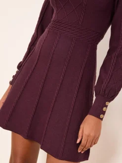 Lipsy Burgundy Red Mini Diamond Knitted Long Sleeve Dress