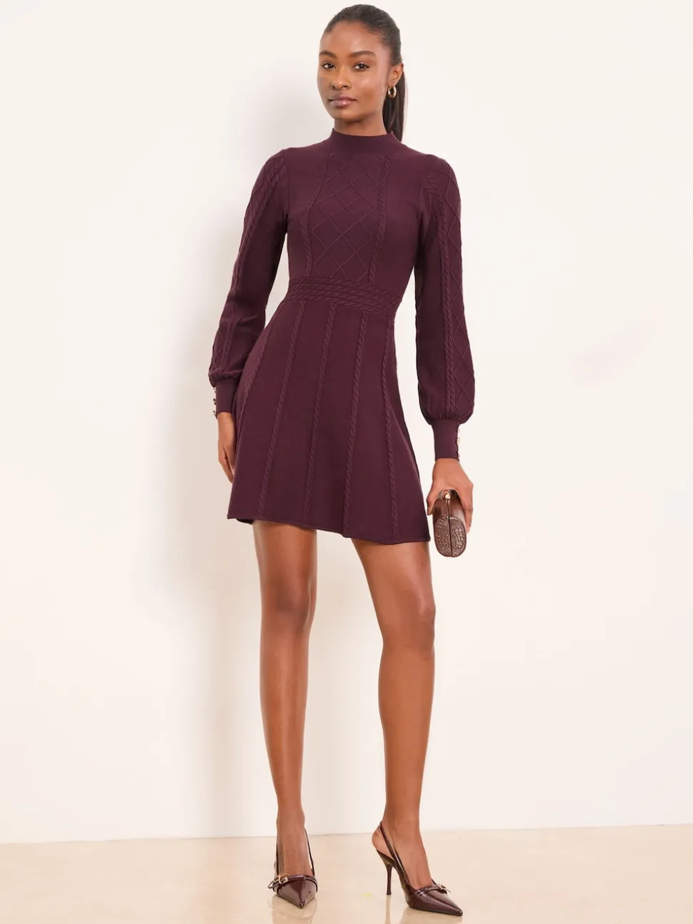 Lipsy Burgundy Red Mini Diamond Knitted Long Sleeve Dress