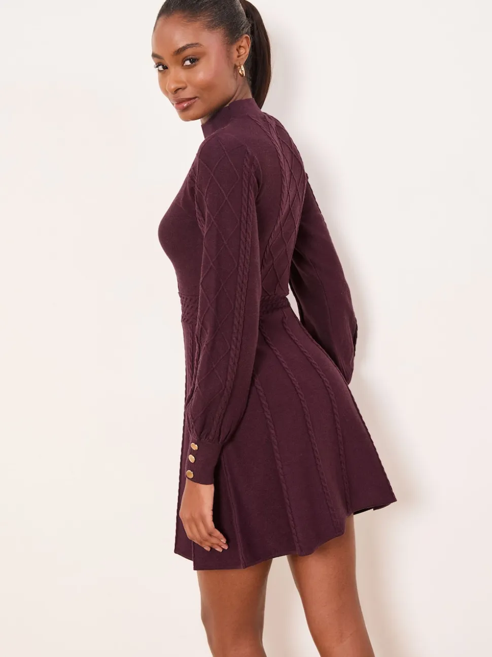 Lipsy Burgundy Red Mini Diamond Knitted Long Sleeve Dress