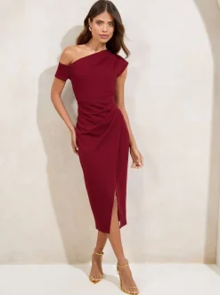 Lipsy Burgundy Red Petite Off The Shoulder Gathered Waist Midi Dress