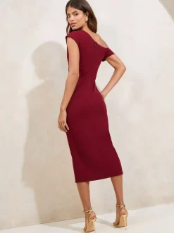 Lipsy Burgundy Red Petite Off The Shoulder Gathered Waist Midi Dress