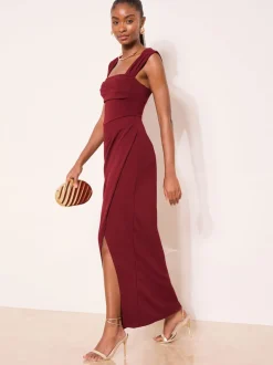Lipsy Burgundy Red Petite Square Neck Short Sleeve Ruched Maxi Dress