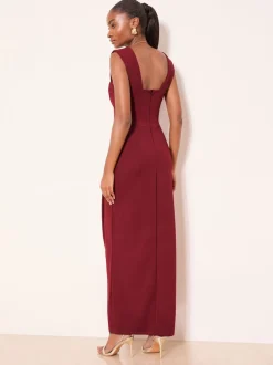 Lipsy Burgundy Red Petite Square Neck Short Sleeve Ruched Maxi Dress