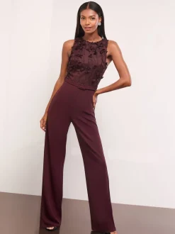 Lipsy Burgundy Red Petite Floral 3D Textured Halter Jumpsuit