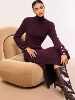 Lipsy Burgundy Red Roll Neck Cable Knit Midi Dress