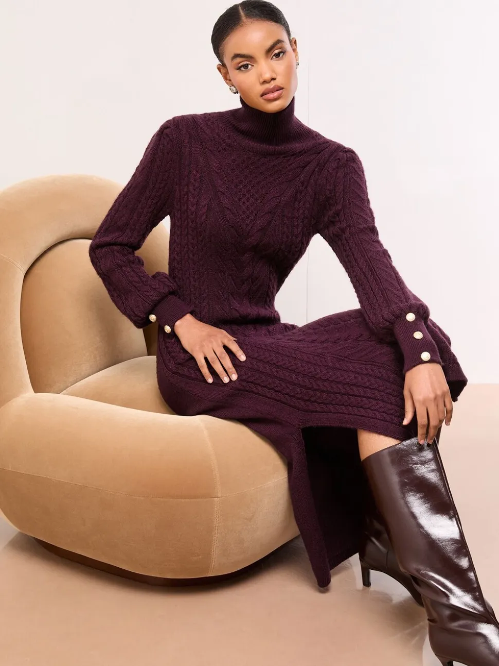 Lipsy Burgundy Red Roll Neck Cable Knit Midi Dress