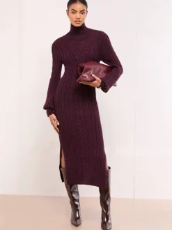 Lipsy Burgundy Red Roll Neck Cable Knit Midi Dress