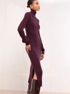 Lipsy Burgundy Red Roll Neck Cable Knit Midi Dress