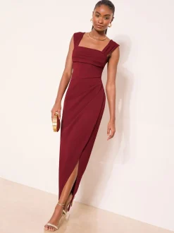 Lipsy Burgundy Red Square Neck Short Sleeve Ruched Maxi Dress